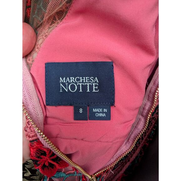 Marchesa Notte Carmelita Red Pink Floral Lace Midi Dress Cold Shoulder Size 8 - Picture 7 of 10